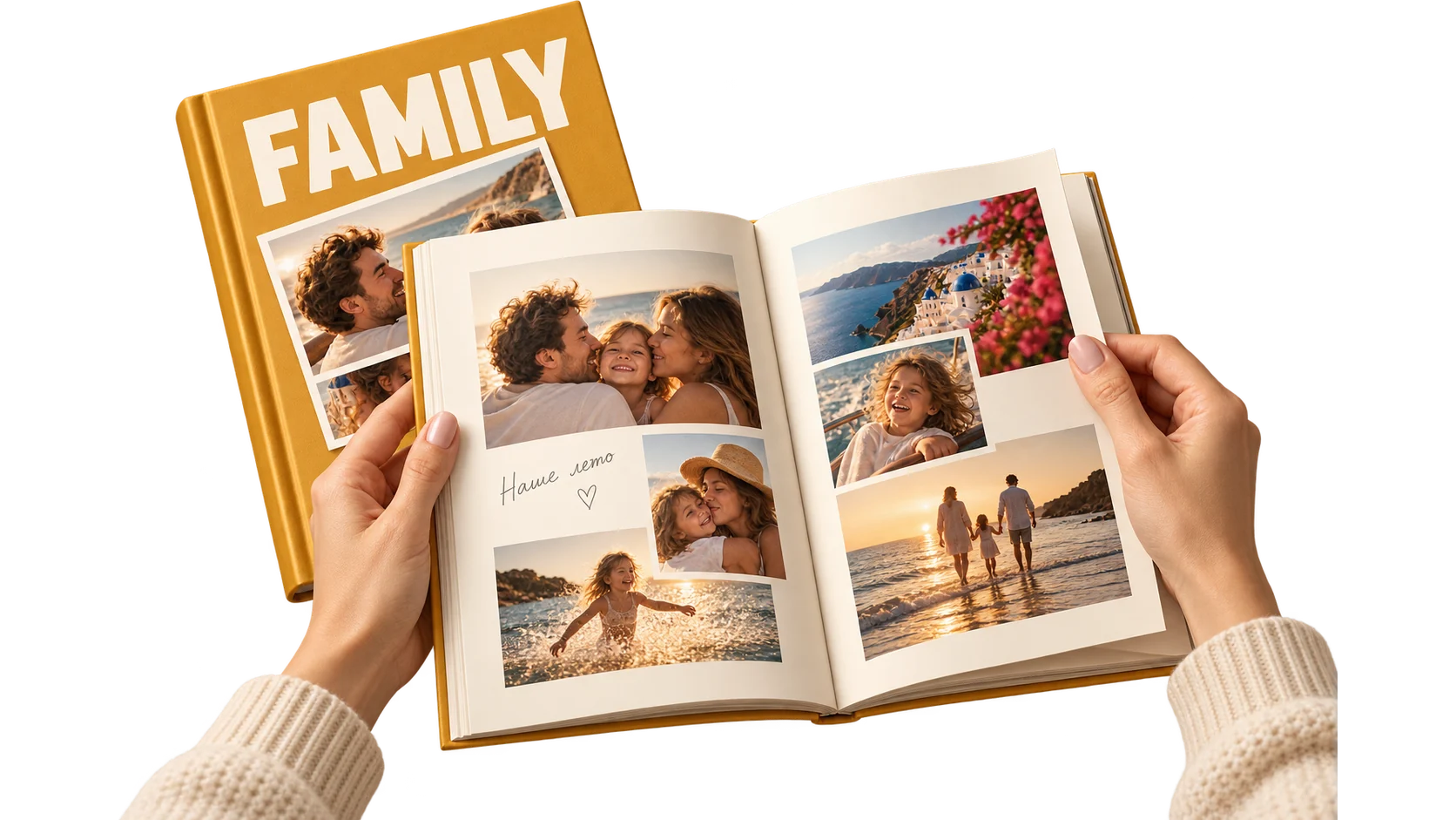 Руки листают фотокнигу Family